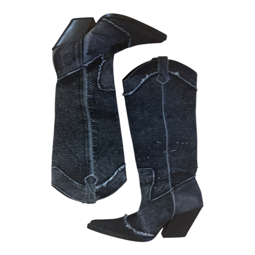 Zara Black Heeled Knee-High Western Boots - Picture 3 of 5